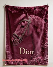 Dior Magenta Horse Floral Flannel Throw Blanket D034